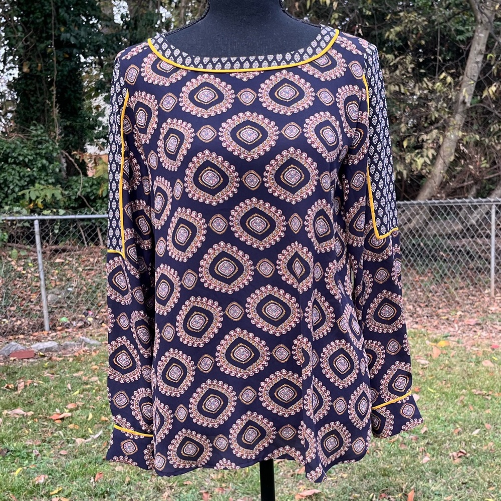 Loft Blue Medallion Print Long Sleeve Blouse Size XS